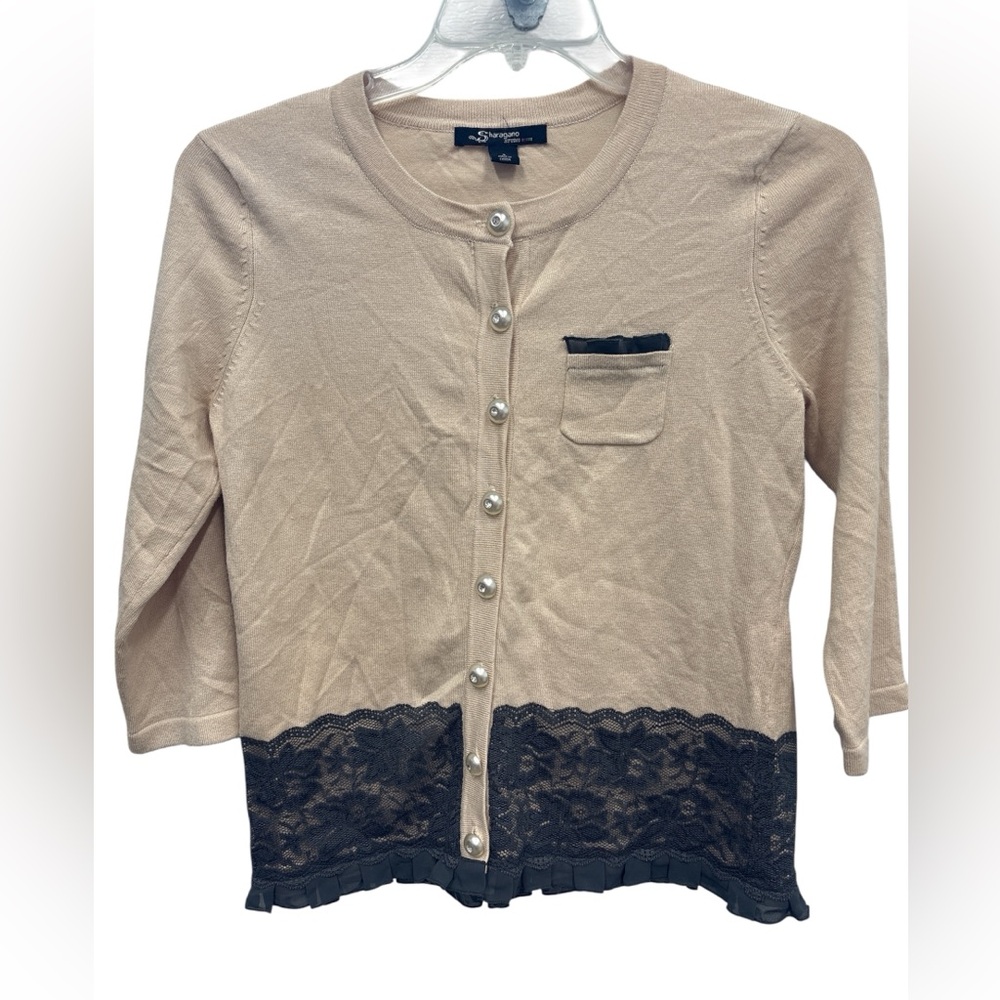 ❤️ Sharagano Beige three quarter sleeve Cardigan with Pearl Buttons
